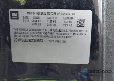 2012 Chevrolet Impala Lt из США, поврежденный, VIN 2G1WB5E39C1292513